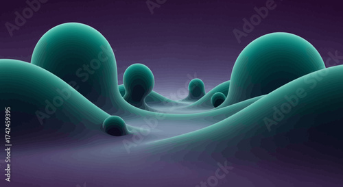 Surreal undulating landscape featuring amorphous forms and atmospheric rendering offering a sense