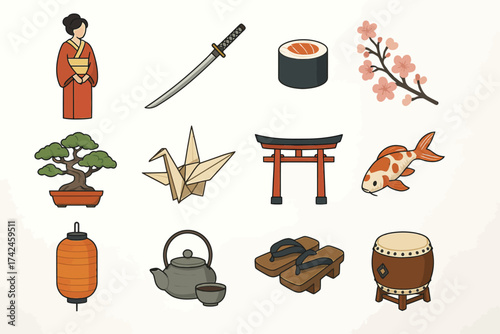 Traditional japanese icons: kimono, sakura, sushi, bonsai, origami