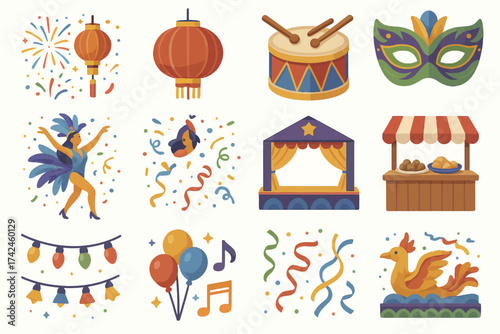 Colorful carnival icons: lanterns, drums, masks, and festive decorations