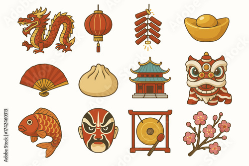 Traditional chinese symbols: dragon, lantern, dumpling, temple, mask, lotus, blossoms