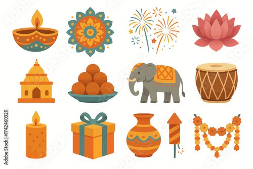 Diwali celebration elements: diyas, rangoli, sweets, and fireworks
