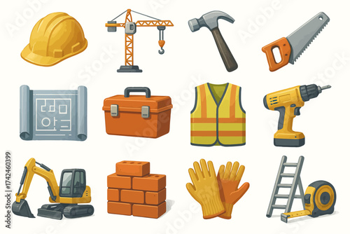 Construction tools and equipment set: helmet, crane, hammer, saw, drill, blueprints, toolbox, vest, excavator, bricks, gloves, ladder, tape