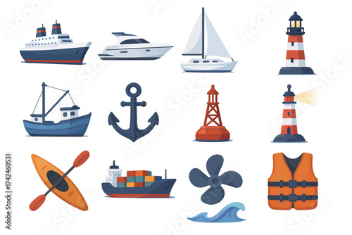 Nautical elements: boats, lighthouses, and maritime icons collection