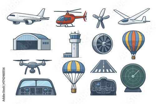 Aviation elements collection: airplane, helicopter, balloon, drone, radar, and more