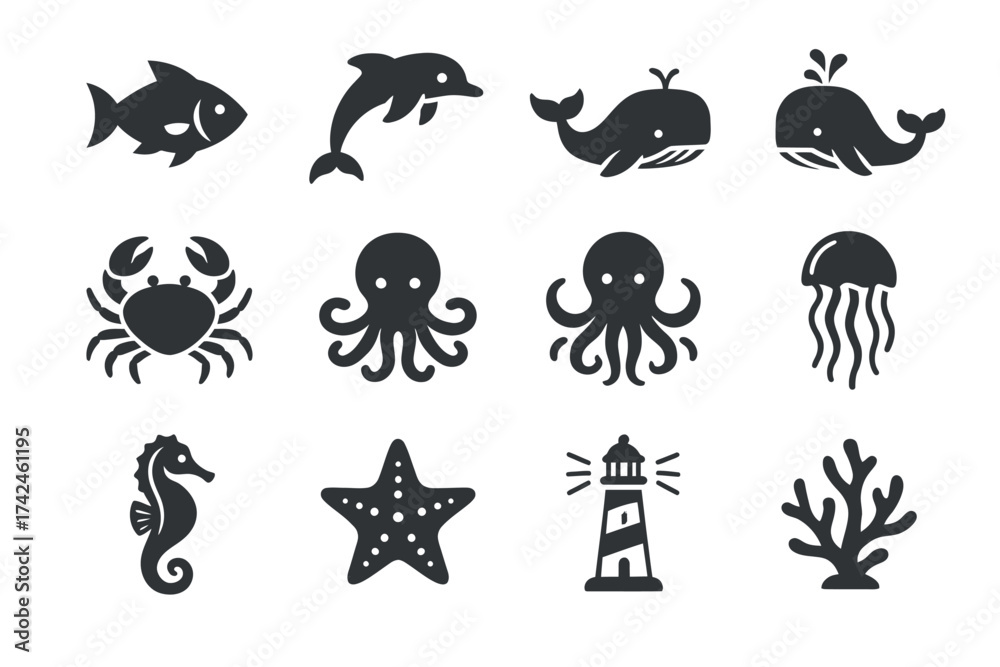 Fototapeta premium Silhouette icons of marine creatures and nautical elements