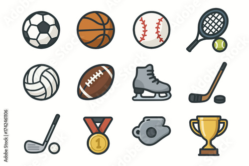 Collection of sports equipment icons including soccer, basketball, tennis, and more