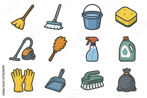 Cleaning supplies collection: broom, mop, vacuum, duster, spray, gloves, bucket, brush