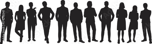 Silhouette of diverse business people standing together, teamwork concept, professional group illustration, modern office employees, corporate unity and leadership design