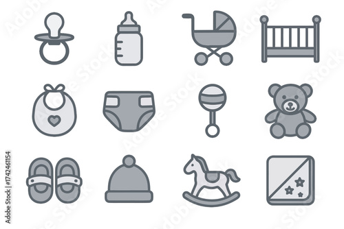 Baby essentials icons: pacifier, stroller, crib, diaper, rattle, bib, shoes, hat, teddy bear, rocking horse, bottle, blanket