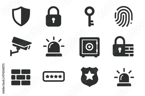 Security icons: locks, safe, camera, key, fingerprint, surveillance