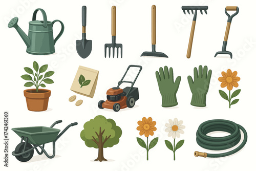 Gardening tools and plants collection: watering can, lawn mower, seed packets, gloves, flowers