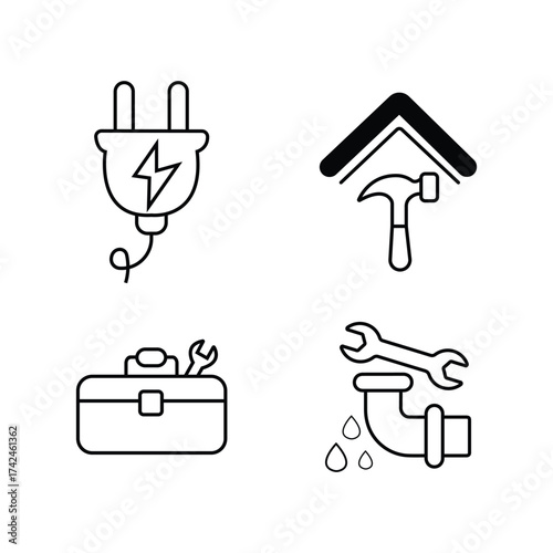 Home Repair Line Icon Set Plug, Hammer, Toolbox, Plumbing Pipe Tools Vector