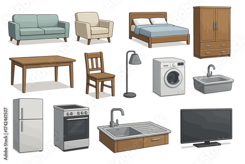 Various home furniture and appliances collection on white background