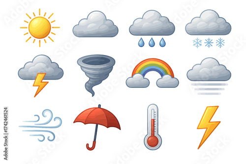 Weather icons collection: sun, clouds, tornado, umbrella, thermometer, lightning, rainbow