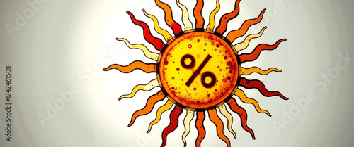 Sun graphic with percentage symbol in the center on neutral background  