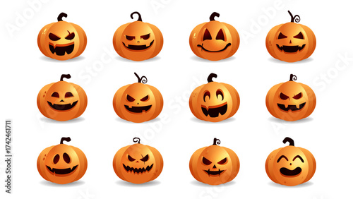 Halloween pumpkin face set. Collection of orange jack-o'-lanterns with funny and scary expressions. Bright 3D vector pumpkins for Halloween decoration, party, and holiday design.