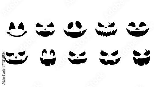 Halloween pumpkin face silhouettes. Collection of spooky and funny jack-o'-lantern expressions. Black vector icons for Halloween design, decoration, and holiday graphics.