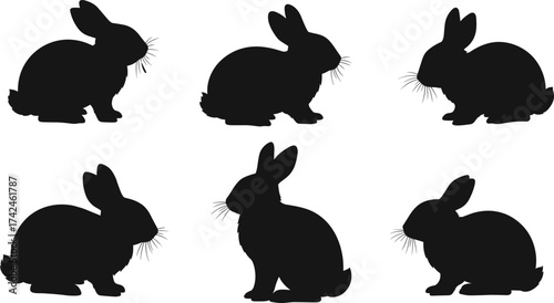 Black rabbit silhouettes collection, cute bunny animal poses, Easter design elements, wildlife illustration, pet art, vector clipart, nature decoration, hare shapes