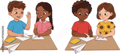Children making paper airplanes, creative classroom activity, teamwork fun, folding paper, learning skills, playful scene, childhood joy, educational craft, group play