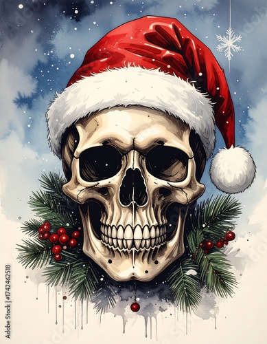 Creepy skull wearing a Santa hat and winter decor