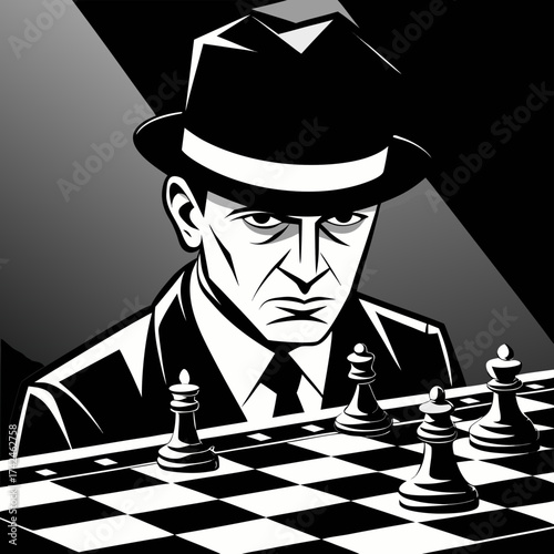 Bold graphic vector drawing of a determined man playing chess strategy game vector, illustration, graphic, drawing, man, chess, game, strategy, bold, scalable, eps, icon, artwork, digital, design