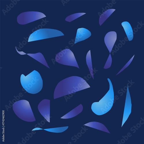 Dynamic abstract blue and purple gradient shapes floating on a dark background, creating a fluid modern graphic design