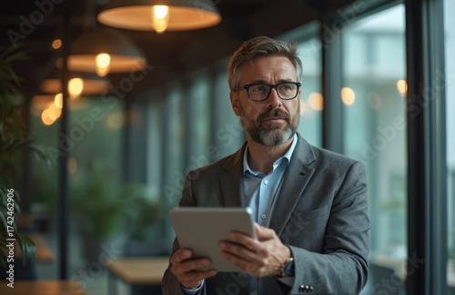 Mature businessman holds tablet computer inside office. Person wearing eyeglasses looks away thoughtfully. Corporate executive in suit at workplace. Successful entrepreneur using digital device.