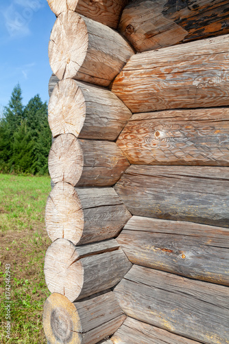 Corner of Wooden Log Cabin with Notched Joint, Close-Up