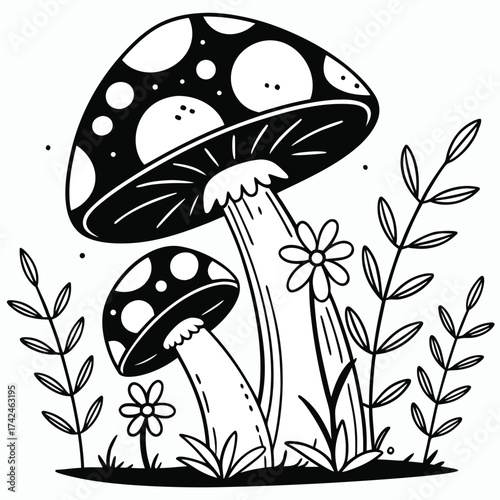 A black and white illustration  mushrooms in a whimsical