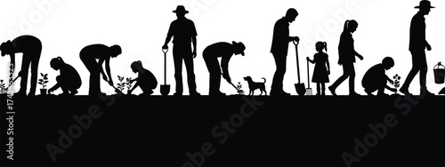 Silhouette people planting trees, family gardening together, community reforestation, eco-friendly lifestyle, teamwork in nature, environment conservation, sustainable living, green earth protection