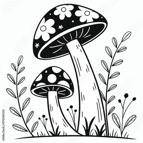 A black and white illustration  mushrooms in a whimsical