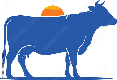 Colorful blue cow silhouette with orange sunset background, minimalist vector farm animal art, modern dairy cattle illustration for design and branding