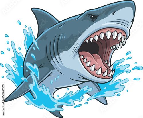 A cartoon illustration of a ferocious shark with its mouth wide open, splashing water.