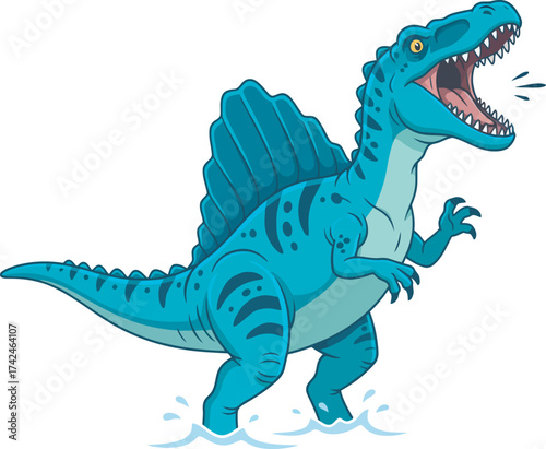 Cartoon illustration of a blue Spinosaurus dinosaur roaring while walking through shallow water.