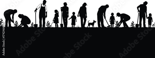 Silhouette people planting trees, family gardening  ,