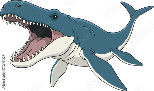 Cartoon illustration of a mosasaur, a prehistoric marine reptile, with its mouth wide open.