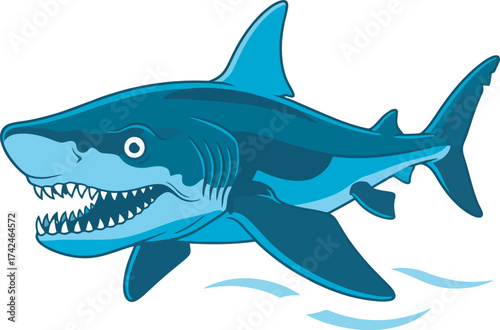 Cartoon illustration of a blue shark swimming with its mouth open, revealing sharp teeth.