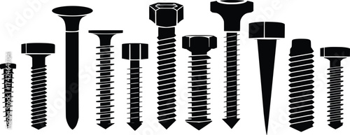 Different Types of Screws and Bolts Silhouette Illustration.
