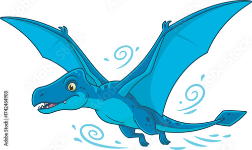 Cartoon illustration of a blue dragon flying with outstretched wings against a white background with swirling wind.