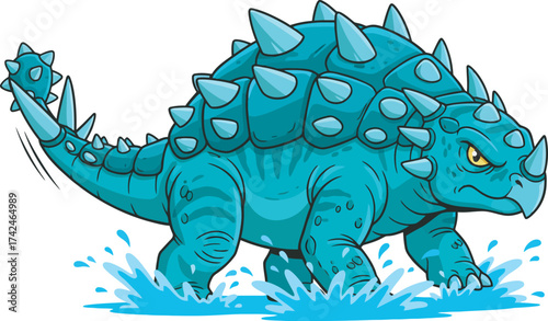 Cartoon ankylosaurus stomping through water, depicted in blue with spiky armor and an angry expression.