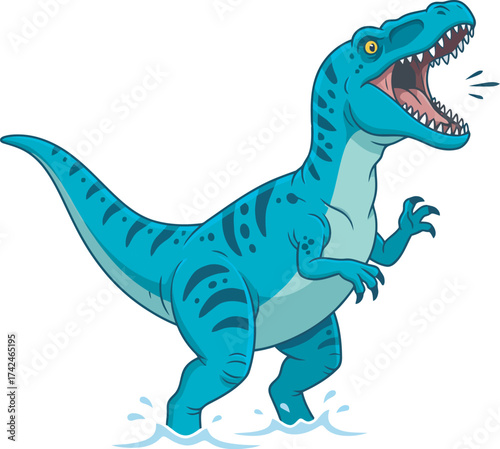 Cartoon illustration of a blue dinosaur roaring while walking through water.