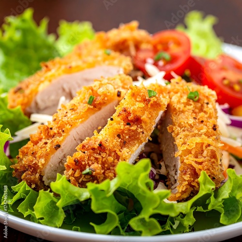 Crispy fried chicken salad with fresh vegetables