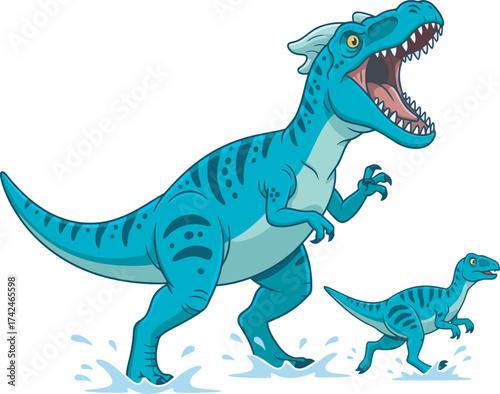 A vibrant illustration showcasing a large, blue dinosaur and a smaller one, both running with open mouths.