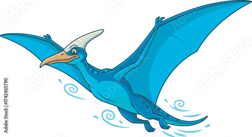 A vibrant cartoon illustration of a blue Pterodactyl soaring through the air.