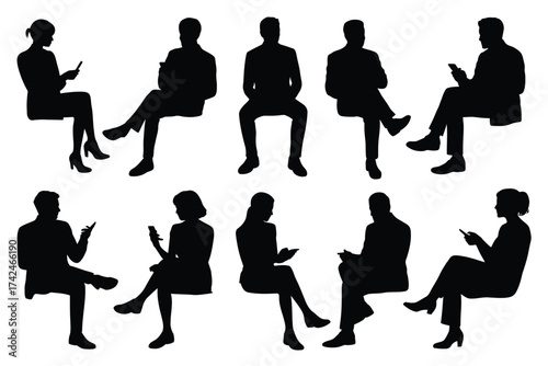 Set of 10 scalable vector silhouettes people sitting and holding devices for eps graphics silhouette vector illustration white background