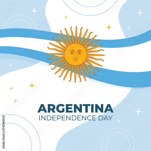 Argentina Independence Day vector with Sun of May and blue white wave flag background