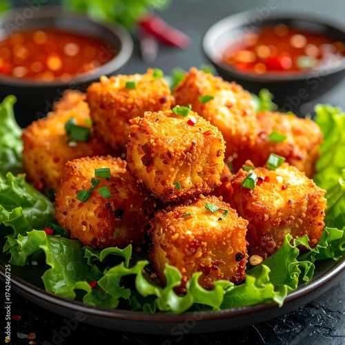 Crispy, golden food served with sauces