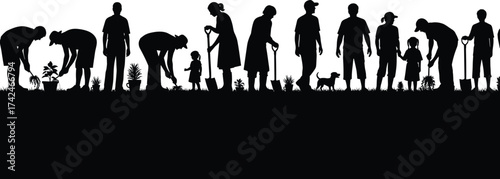 Silhouette people planting trees, family gardening together, eco community teamwork, reforestation volunteers, sustainable lifestyle, green environment, nature conservation, outdoor environmental care
