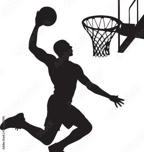 basketball player silhouette vector, silhouette illustration of a basketball player performing a slam dunk , scoring the ball to the net,