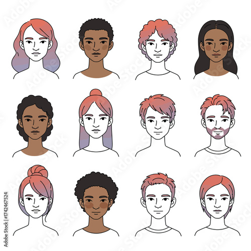 Minimalist character set of diverse faces with gradient accents for skin tones and hair, modern vector illustration for inclusive design